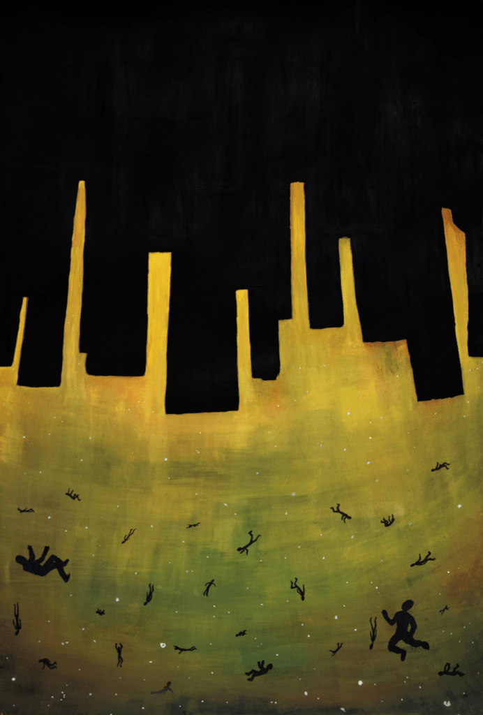 Evacuation #1, gouche and acrylic paint on paper, 40″x26″, © 2001 Billy Reiter