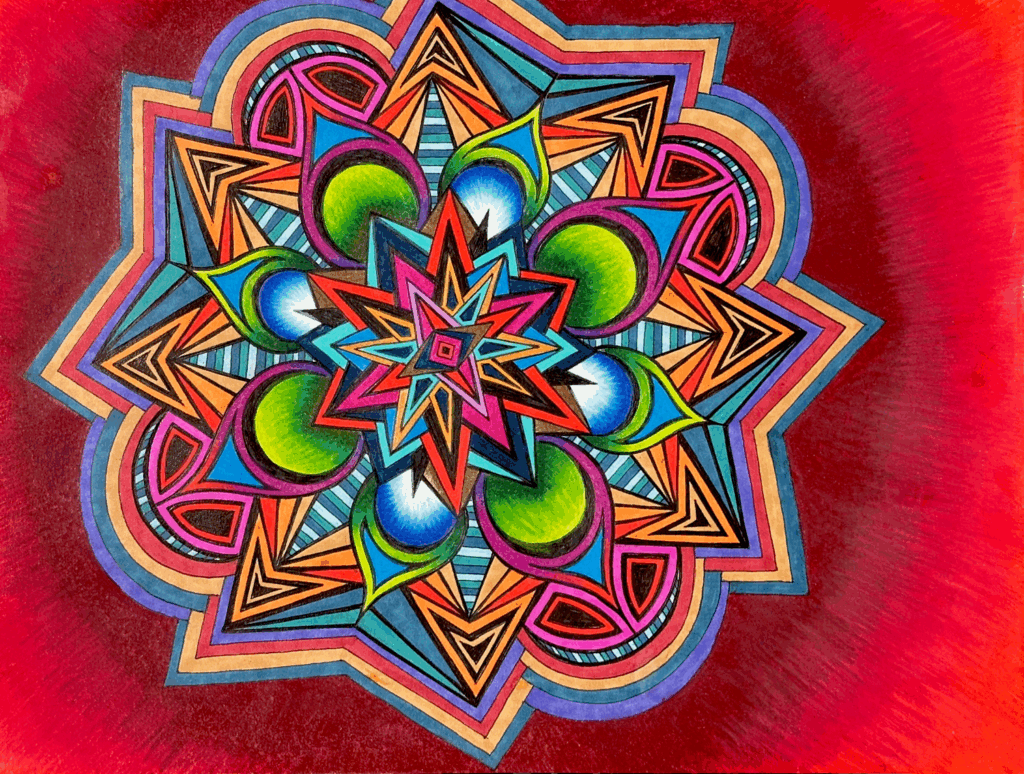 Flowers #25, pen and colored pencil on paper, 12"x9", © 2025 Tara Marolf