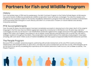 Growing Our Legacy Of Private Lands Conservation. Digital and print publication, 11″x8.5", created for the U.S. Fish and Wildlife Service, Partners for Fish and Wildlife Program’s 35th Anniversary Evaluation Summary, Design layout and artwork © 2023 Billy Reiter-Marolf
