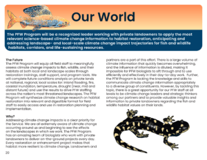 Growing Our Legacy Of Private Lands Conservation. Digital and print publication, 11″x8.5", created for the U.S. Fish and Wildlife Service, Partners for Fish and Wildlife Program’s 35th Anniversary Evaluation Summary, Design layout and artwork © 2023 Billy Reiter-Marolf