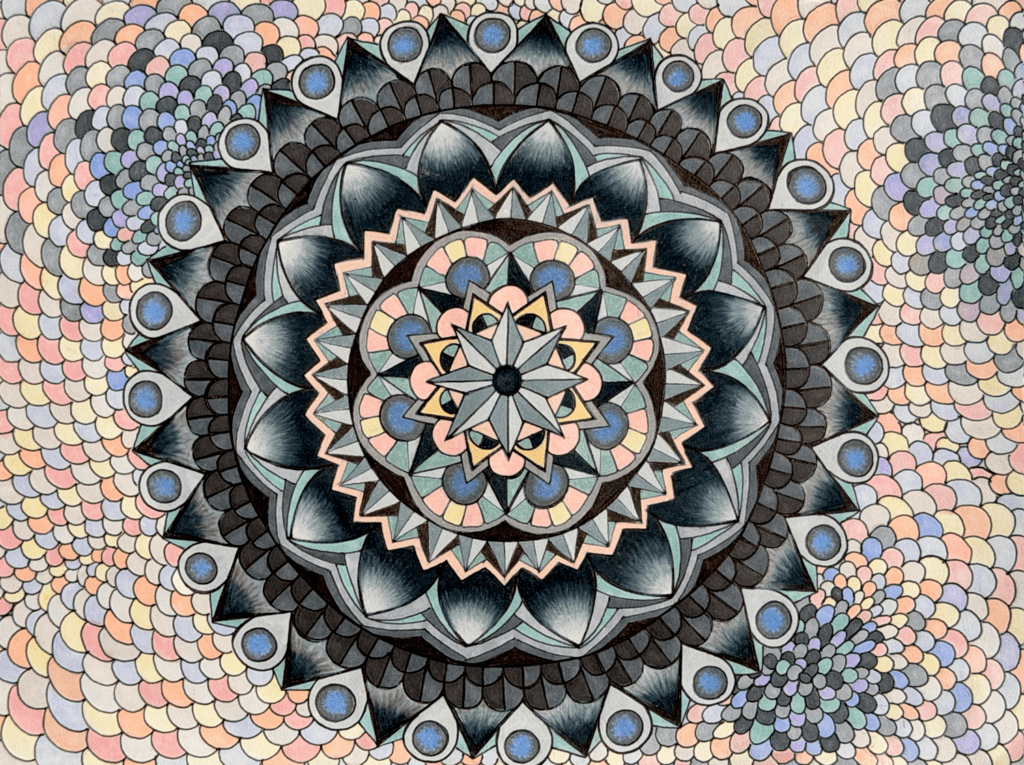 Mandala #11, pen and colored pencil on paper, 9"x12", © 2025 Tara Reiter-Marolf