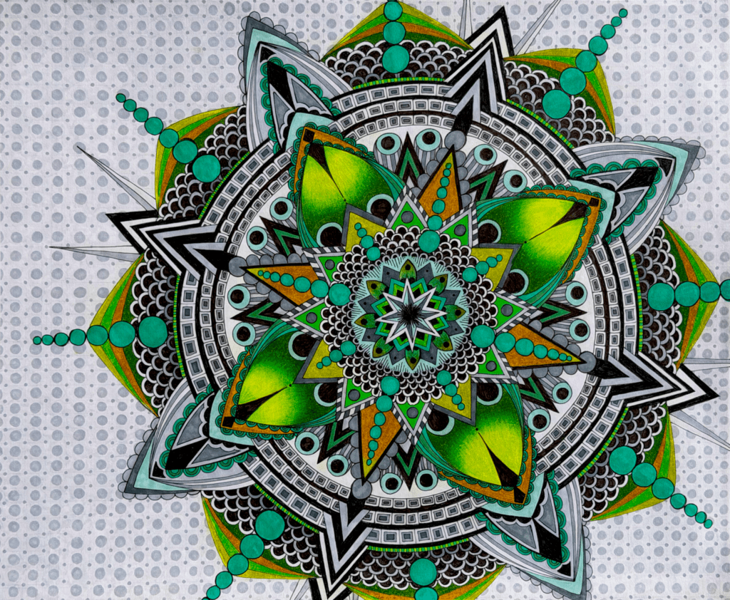 Mandala #12, pen and colored pencil on paper, 14"x17", © 2026 Tara Reiter-Marolf