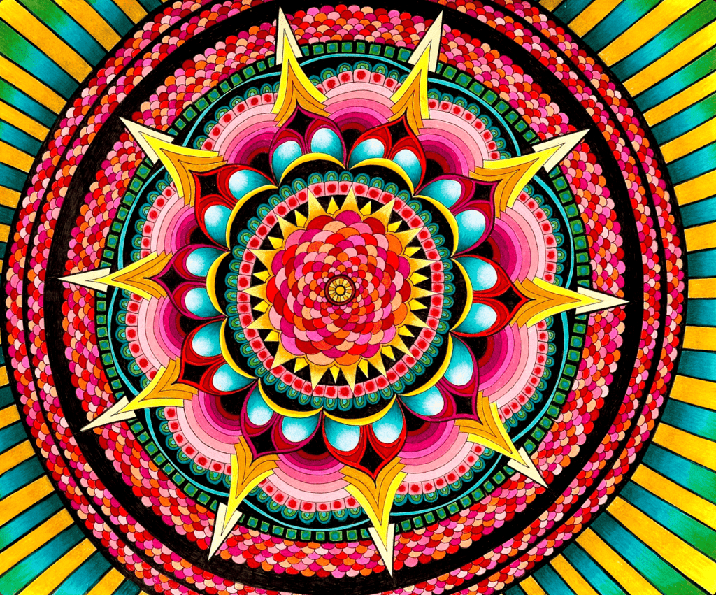 Mandala #5, pen and colored pencil on paper, 14"x17", © 2024 Tara Marolf