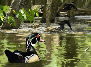 Wood Ducks on the Upper Miss, digital painting, 15"x11", © 2023 Billy Reiter