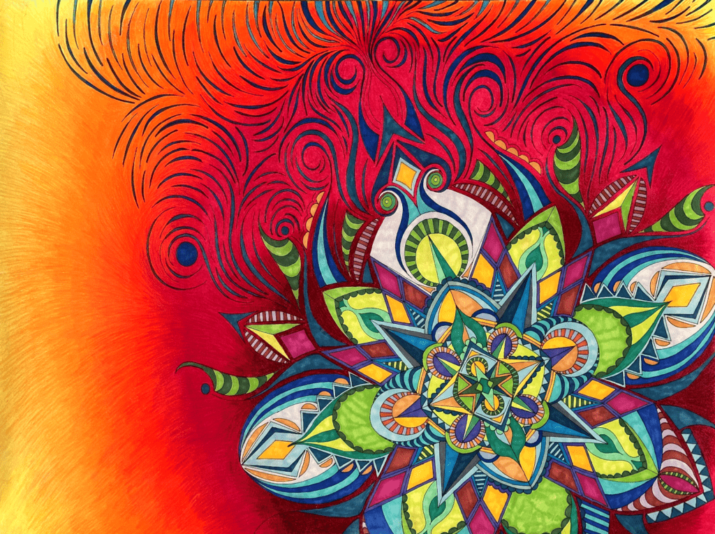 Flowers #19, pen and colored pencil on paper, 18"x24", © 2023 Tara Marolf