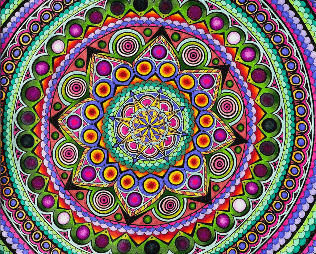 Mandala #6, pen and colored pencil on paper, 14"x17", © 2024 Tara Marolf